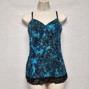 Vintage Lace Trim Cami Tank Top Womens Small Blue Black Floral Built in Bra Y2K